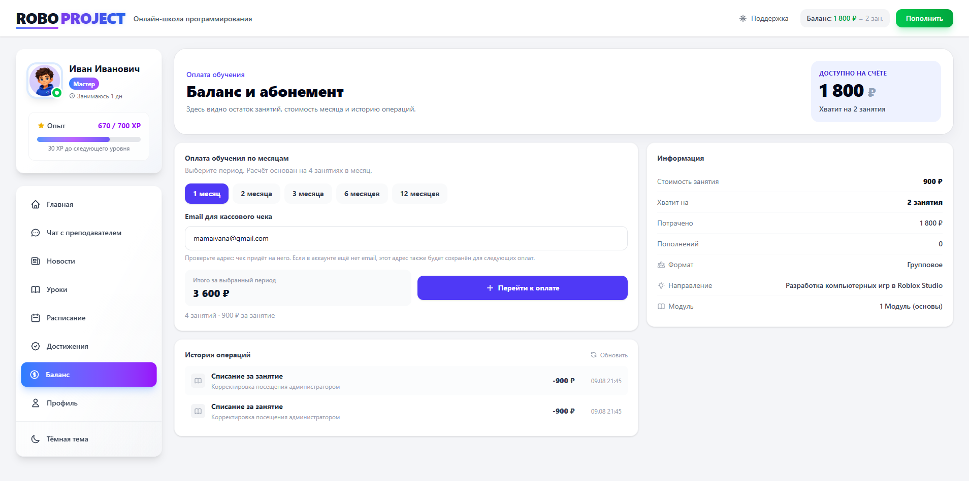 Баланс и история оплат на платформе RoboProject